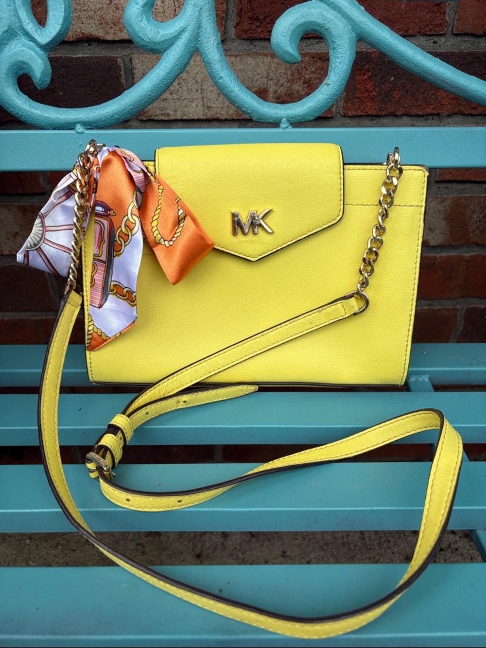 Michael Kors Yellow Leather Crossbody with Gold Chain Accent and Scarf